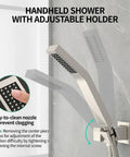Handheld shower with adjustable holder in brushed nickel, featuring an easy-to-clean nozzle, High Quality Ceiling Mount Rain Shower System In Brushed Nickel Featuring A Slick Pressure Balance Valve That Kills Water Hammer Noise For A Truly Top Notch Bathroom Setup.