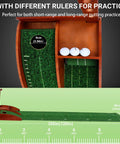 Portable Golf Putting Mat With Auto Ball Return For Indoor And Outdoor Practice 8Ft Length Realistic Green Speed Foldable Rosewood Base Durable Nylon Surface showing measurement details.