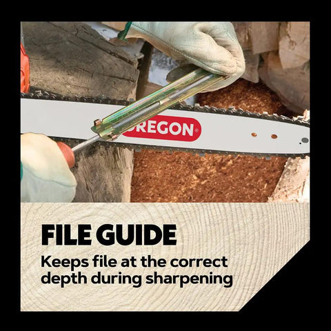 Person using a Universal Chainsaw Sharpening Kit With 5/32 Inch Round File, 3/16 Inch Round File, filing guide on chainsaw blade