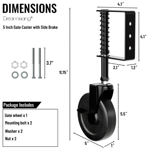 Heavy Duty Five Inch Spring Loaded Fence Gate Wheel Caster With Side Brake showing dimensions and included hardware for easy installation.