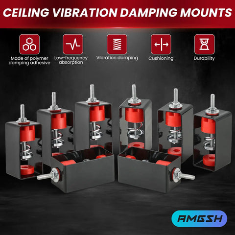 Heavy Duty Ceiling Vibration Damping Mounts That Roll Smooth And Knock All Shakes Out With A Legit 110 Pound Load Rating For Rock Solid Equipment Support And Zero Rattle Guaranteed, black and red polymer mounts with springs.