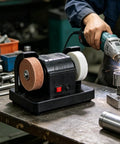 Electric Double Grinding Wheel Buffer That Cracks Rust Seals and Slays Dull Edges With Heavy Duty Polishing Power on a workbench.