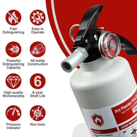 Close-up of Six Pack 2.5 Lb Abc Dry Chemical Fire Extinguishers showcasing all-metal construction and pressure indicator.