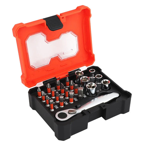 23 Piece Socket Wrench Set Featuring A Slick 72 Tooth Ratchet And Sixteen Tough S2 Bits For Real Deal Auto Grind And Weekend Warrior Garage Projects Accessories in a red and black case.