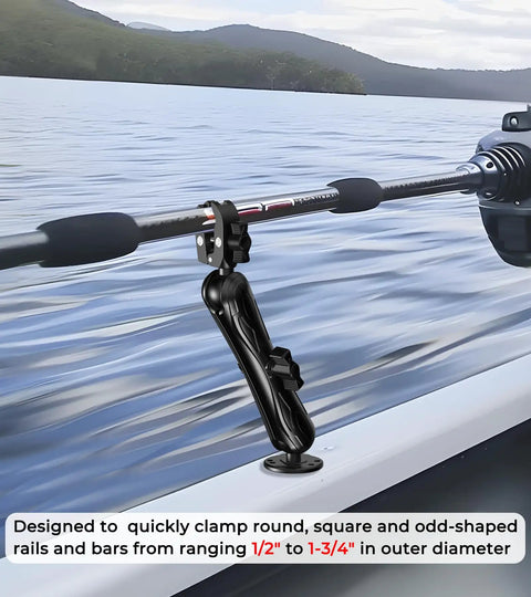 Rock Solid 1.5 Inch Ball Trolling Motor Stabilizer Mount Support CNC Machined 6061 T6 Aluminum Alloy clamp on a boat rail.