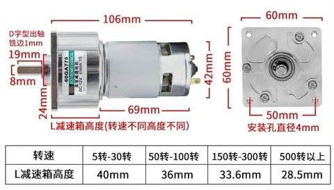 Top Shelf 775 Dc Gear Motor 24 Volt 35 Watt 400 Rpm Beefy Miniature Torque Workhorse Built Tough For Robotics Diy Projects Smooth Running Industrial Automation, showing dimensions.