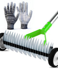 Wheeled Thatch Rake For Lawns, 15.28 Inch Steel Dethatcher With Adjustable 0 To 15 Degree Angle And 62.99 Inch Handle, gloves shown for scale