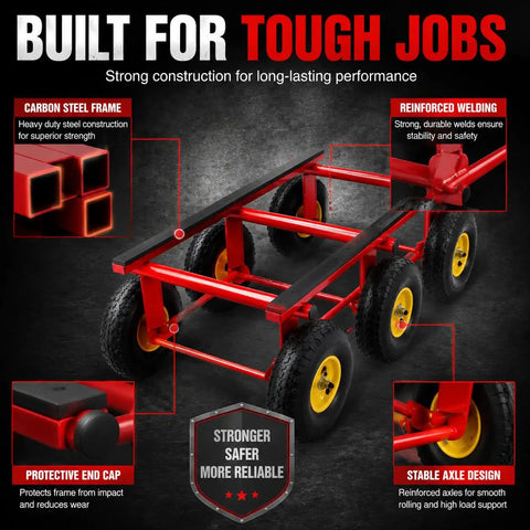 Heavy Duty 1200 Lbs All Terrain Dolly With Six 10 Inch Inflatable Tires showing carbon steel frame and reinforced welding details.