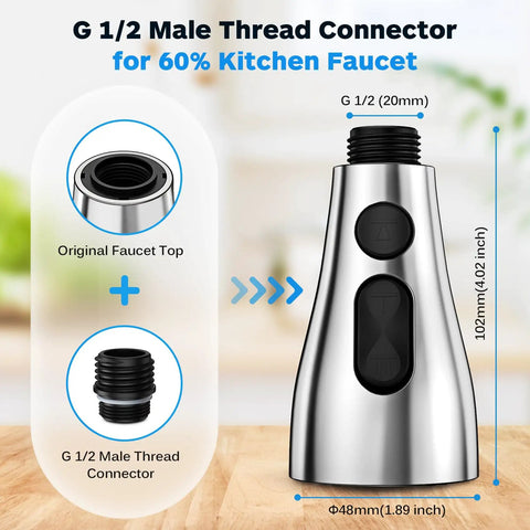 Pull Down Kitchen Sprayer Head With Three Function Modes And Twelve Adapters For Universal Faucet Fit Chrome Finish Image