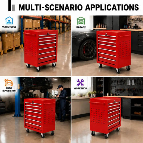 Hella Solid Rolling Tool Chest With Seven Ball Bearing Drawers That Glide Like Butter Plus Lockable Heavy Duty Steel Frame Designed For Garage Auto Shop Or Warehouse Storage In Red displayed in multiple settings.
