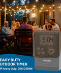 Heavy Duty Outdoor Digital Pool Timer Featuring Slick Dial Switching And Twin Grounded Jacks For Yard Pumps And Patio Lights Six Custom Schedules Plus Long Extension Cord For No Sweat Daily Operation, shown at a lively outdoor gathering.