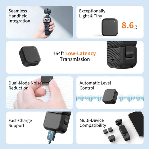Image of Dual Wireless Microphone Kit Featuring Portable Magnetic Lavalier Design With Snappy Plug Play Setup And Top Tier 24 Bit Audio layout, showing features like low-latency transmission.
