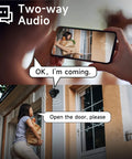 Woman using 2K Wireless Outdoor Security Cameras Kit With Spotlight And Siren Alarm, showing two-way audio feature with smartphone.