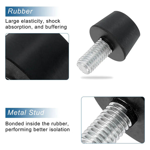 Close-up of Heavy Duty Rubber Vibration Isolator Mounts Set Of Eight Black With M10 Threaded Conical Studs for air compressors.