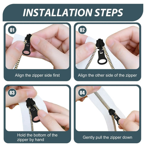 Installation steps for using Universal Zipper Repair Kit 9 Pack With Small Medium Large Sliders And Three Zipper Pulls Per Size.