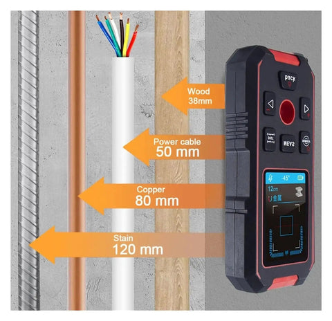Built Tough 3 In 1 Stud Finder Wall Scanner displays material types and depths, including wood, cables, and copper pipes.