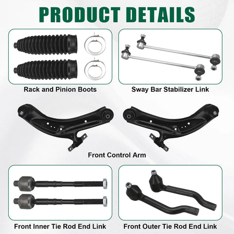 Beefy Front Lower Control Arms With Ball Joints For Nissan Rogue 2014 To 2020 kit components including control arms, tie rods, and boots.