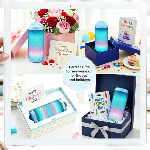 Powerful Portable Wireless Bluetooth Speaker With Stereo Sound LED Lights And Long 36 Hour Battery Life IPX4 Waterproof BT53 TWS Pairing Built In Mic Ideal For Outdoors Home Parties And Travel Powder Blue Gift, displayed in various gift boxes for occasions.
