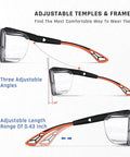 Kick Up Dust Without Fogging Out These Safety Glasses Fit Seamless Over Your Specs Scratch Proof Lenses Ansi Certified Gear Adjustable Temples UV Shield showing adjustable frames and angles