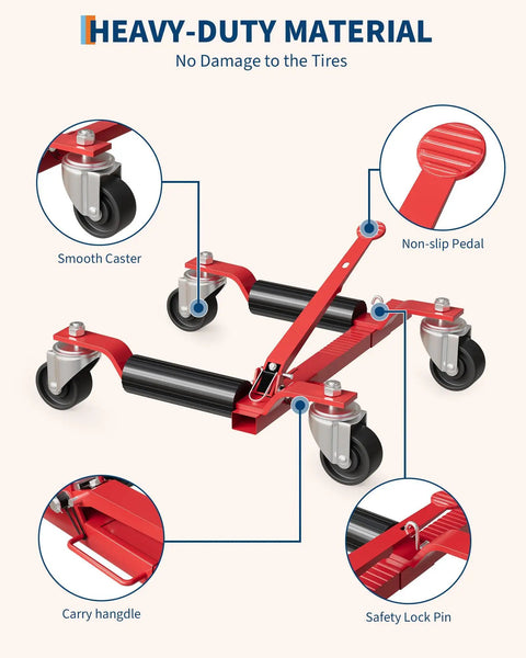 Heavy Duty Car Dolly Jack Four Pack With 6000 Lbs Capacity, showcasing smooth casters, non-slip pedal, carry handle, and lock pin.