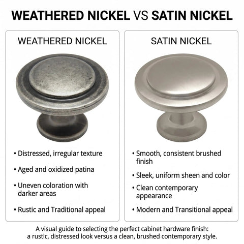 Weathered nickel vs satin nickel cabinet pulls comparison, showcasing textures and finishes for kitchen and bathroom use.