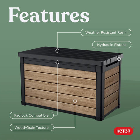 Real Deal All Weather Deck Storage Trunk With 100 Gallon Heavy Duty Resin For Patio Outdoor Cushions Yard Gear And Pool Supplies Ashwood Finish with wood-grain texture and hydraulic lift lid.