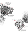 Diagram of 40 Pack One Half Inch Overlay Soft Close Face Frame Cabinet Hinges With 105 Degree Six Way Adjustment and dimensions labeled.
