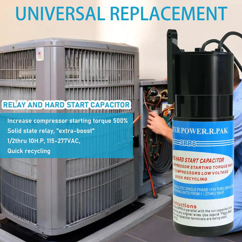 Rock Solid Beefed Up Hard Start Capacitor boosts compressor torque by five hundred percent for seized AC motors.
