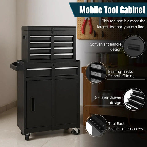 Heavy Duty Five Drawer Rolling Tool Chest With Spacious Storage Cabinet On Four Smooth Rollin Casters For Garage Hustle and Total Gear Organizing Done Clean, black mobile tool cabinet with five smooth-gliding drawers.