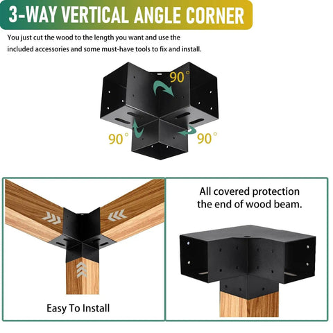 3-way vertical angle corner bracket for woodworking showing installation of heavy duty steel with black powder coating on 4x4 lumber.