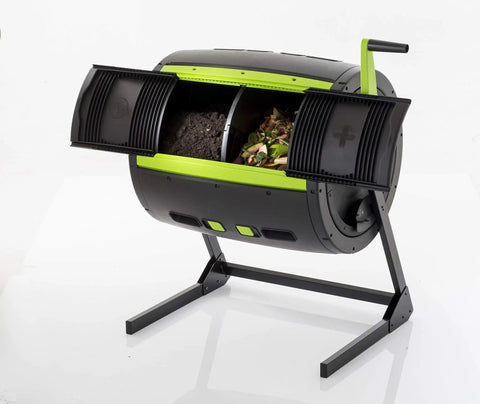 Two Stage Compost Tumbler For Easy Outdoor Yard Composting Large Eight Point Six Nine Cubic Feet Capacity Rust And Corrosion Resistant Metal And Plastic Construction With Aeration Holes Black And Green Finish Outdoor Use Only Easy Assembly