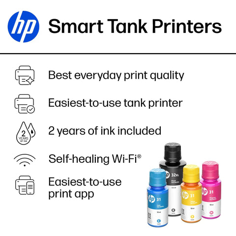 Smart Tank 5000 Wireless All In One Ink Tank Printer With Scanner And Copier, Two Years Of Ink Included, Cartridge Free Refill System, AI Enabled EcoTank Alternative For Home Office And Easy No Fuss Printing displayed with ink bottles.