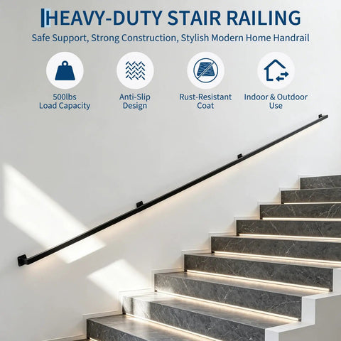 Heavy Duty Ten Foot Black Metal Stair Railings Indoor And Outdoor Featuring Hella Sturdy Wall Mounted Construction for secure stair support.