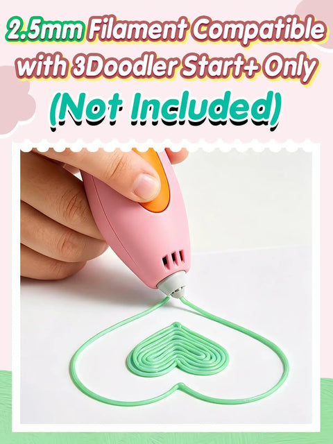 Hand holding pink 3D pen creating green heart design on white paper, showcasing Premium 3D Pen Filament Refills Hella Durable With Ten Vivid Shades Built For 3Doodler Start Plus Flawless Low Smoke Extrusion Guaranteed Never To Jam Sweet Plastic Craft Material For Legit Hobbyists.