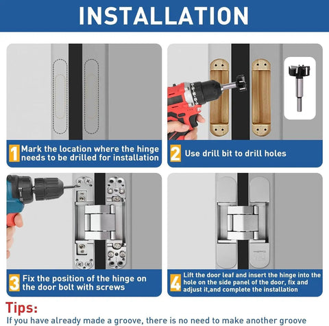 Installation steps for Badass Silent Hidden Door Hinges Six Inch Outswing Concealed Butt Hardware with drilling tools and hinge placement.
