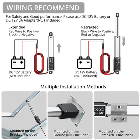 Wiring diagram for Top Notch Mini Linear Actuator Featuring Two Inch Travel Plus Twelve Volt DC packs for installation guidance.