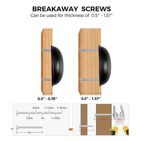 Breakaway screws for wood thickness of 0.5 to 1.57 inches, shown with measuring guide and pliers.