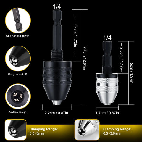 Two 1/4-inch hex shank drill chuck adapters, keyless, for impact drivers; black and silver knurled quick-change heads.