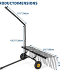 Side view of 60 Inch Tow Behind Landscape Rake Heavy Duty Steel Dethatcher Pine Straw Rake with dimensions labeled.