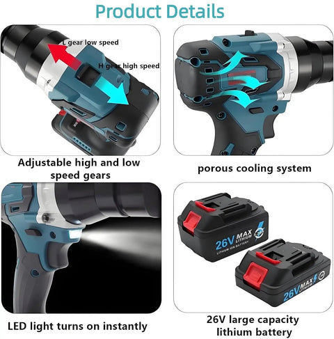 Total Badass Cordless Automatic Rivet Nut Gun With Brushless Motor and Portable Blind Riveting Tool Kit showing adjustable gears and batteries.