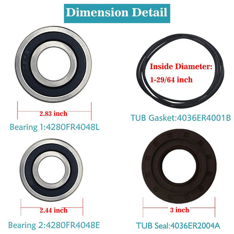 Kick Start Your Laundry Hunka Junk Setup With Smooth Abec Five Bearings And Heavy Duty Twin Lip Gasket To Squash Dang Loud Vibrations And Halt Water Leaks On Lg Kenmore Washers showing dimension details of ABEC 5 bearings and tub gasket.