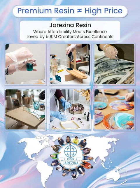 Collage of art applications using Crystal Clear Epoxy Resin Kit 64 Ounce For Art Casting And DIY Jewelry Wood Molds Self Leveling