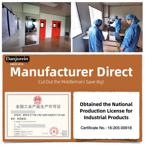 Manufacturing facility interior with two workers, national production license certificate, promoting direct industrial product sales.