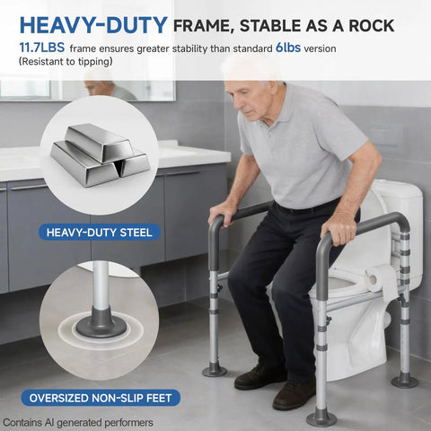 Premium Heavy Duty Steel Toilet Safety Rail For Seniors Bulletproof Bathroom Support Bar with unshakable grip, showing stability and non-slip feet.