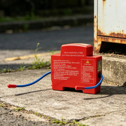 Heavy Duty Automatic Engine Fire Suppressor Self Activating 30g Aerosol Extinguisher With Thermal Trigger in red on pavement.