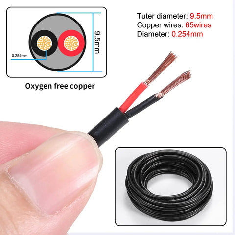 Close-up of 10 AWG two conductor electrical wire stranded oxygen-free copper with PVC jacket and spool, for outdoor lighting.