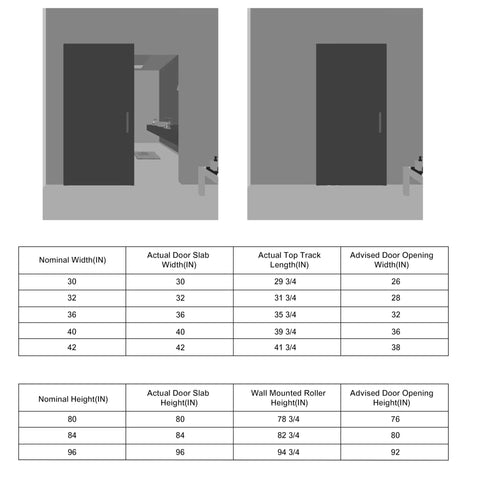 Dimensions and specifications for the 36 By 80 Inch Sliding Barn Door Featuring Concealed Hardware And Butter Smooth Soft Close System Plus Full Length Mirror.