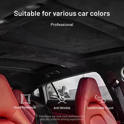 Babnecl suede auto headliner fabric installed in car interior; black foam-backed, 96 by 60 inches