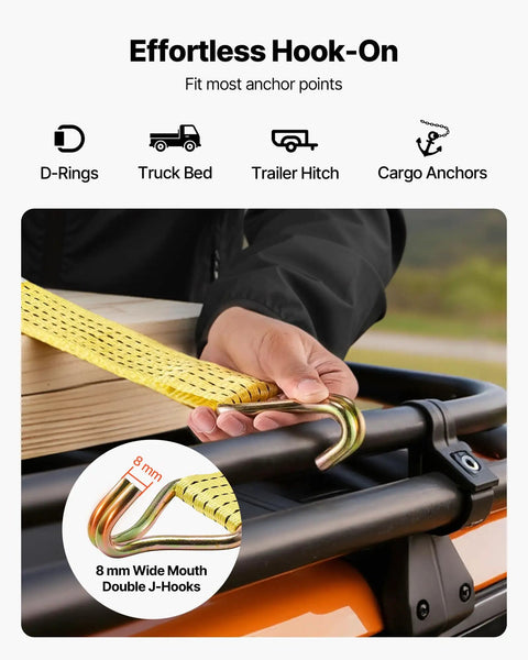 Close-up of 8mm double J-hook from Six Pack 2 Inch By 15 Foot Heavy Duty Ratchet Straps securing cargo on a trailer rack.