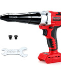 Cordless Rivet Gun Tool For M18 18V Battery Systems red design with auto-eject feature and included accessories on white background.